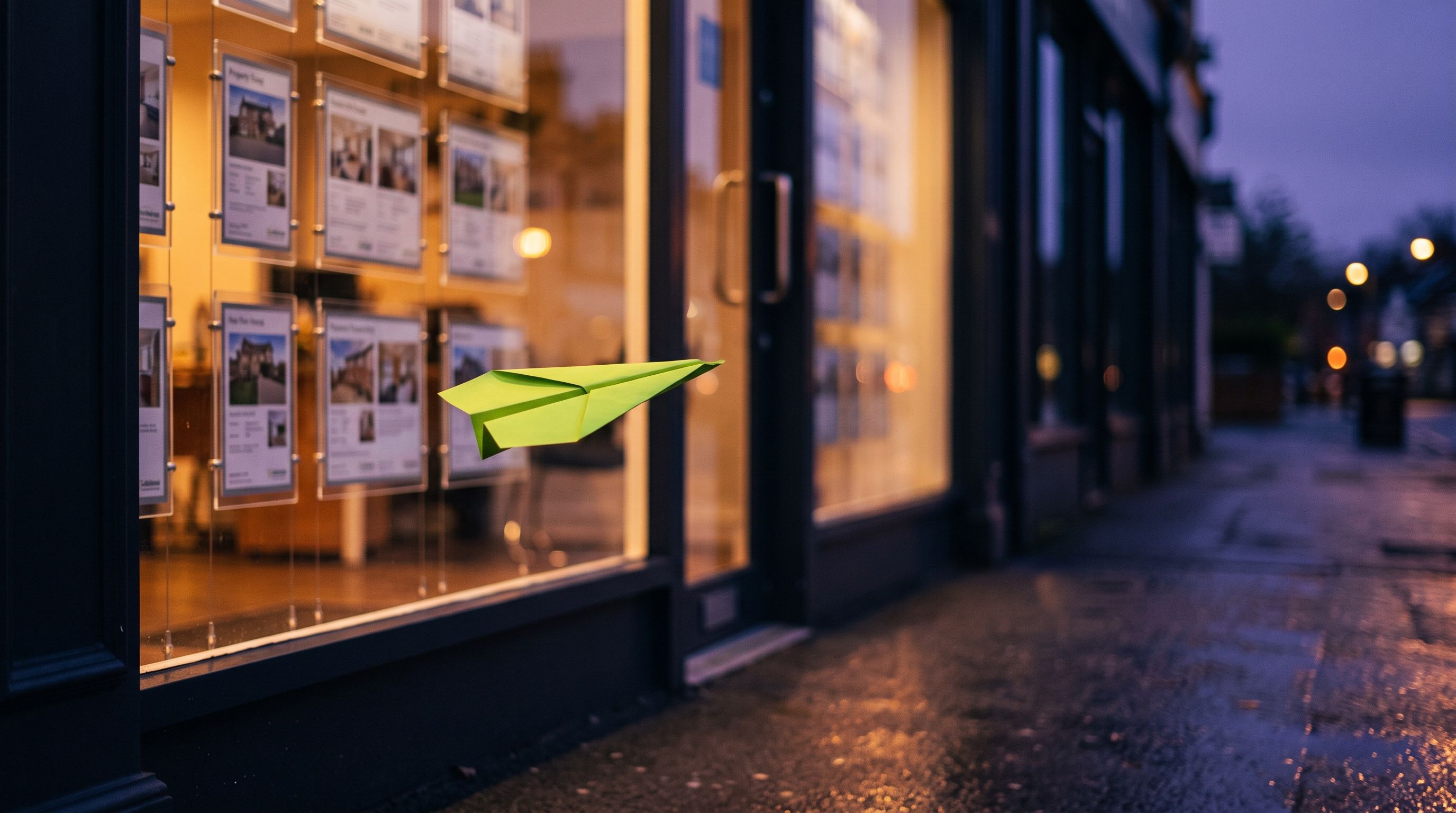 Un avión de papel lima pasa volando ante el escaparate iluminado de una inmobiliaria al anochecer